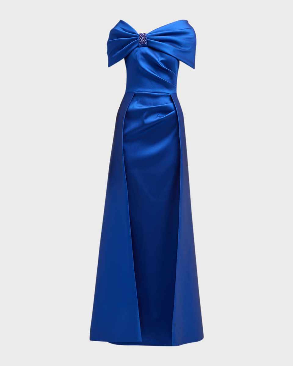 Pleated Off-Shoulder Jewel-Embellished Gown